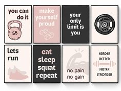 "Decorate your Gym or Home Gym with our Gym Decor Set of 8 PRINTABLES. Our unique design is suitable for rooms decorated in Retro Aesthetic colors in the room. Our Trendy Home Gym Decor is perfect for the college dorm decor you are organizing! It is a cheap and accessible solution for creating the room so that it looks like it came out of a catalog or a special Pinterest board. Printable art is the affordable and ideal way to personalize your home or office. You can print your art at home, at your nearest local print shop, or upload these files to an online printing website and have your print files delivered to your door! This listing is an \"Instant download\" that includes high-resolution  Printable files.  ♥ WHAT I WILL RECEIVE WITH THE PURCHASE ♥ -------------------- You will receive Gym Color Scheme, Gym Printables, Home Gym Decor, Minimalist Typography, Workout Posters