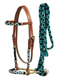 a horse bridle with braided rope on the sides and reins attached to it