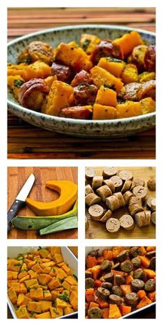 several pictures of different types of food in a bowl and on the table, including carrots