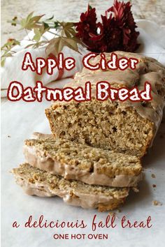 an apple cider oatmeal bread is cut in half