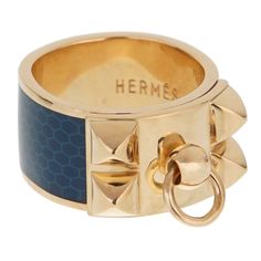 Hermes Collier De Chien Gold Blue Enamel Ring 0001792 Hermes Ring, Hermes Jewelry, Casual Jewelry, Honeycomb Pattern, Gold Band Ring, Modern Ring, Enamel Ring, Charm Rings, Diamond Rings Bands