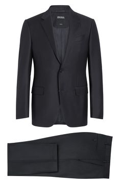 Crafted from the brand's signature Trofeo wool, this suit features an impeccable fit and modern polish for a subtly sophisticated look and daylong comfort. Jacket has notched lapels; nonfunctional four-button cuffs; chest pocket; flap pockets; side vents Trousers have zip fly with button-tab closure; front slant pockets; back button-welt pockets Jacket is lined; trousers are lined to the knee 100% wool Dry clean Made in Turkey Men's Designer Clothing Tailored Luxury Wool Suit, Luxury Tailored Wool Suit, Luxury Wool Suit With Suit Collar, Luxury Wool Suit, Elegant Wool Business Sets, Luxury Wool Suits With Flat Front, Luxury Suits With Hidden Button Closure And Flat Front, Luxury Flat Front Suit With Hidden Button Closure, Luxury Suits With Welt Pockets