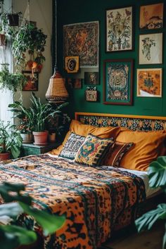 a bedroom with green walls and lots of plants