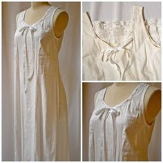 An antique Edwardian era long white cotton petticoat, slip, chemise or dress with fine lace trim at the neck and eyelet lace at the hem.  The petticoat is sleeveless, with a short metal zipper at the right waist.  The neckline is sweetheart style, both front and back, trimmed with fine white insert lace, which has a (new) white satin ribbon pulled through.  The petticoat has princess seaming front and back, is more fitted through the waist and flared at the hem.  The hem is trimmed with hand embroidered eyelet lace.  There are some light brown narrow marks at the back waist---the largest is about an inch long.  The seams have been let out through the waist, both front and back and there were two darts taken at the back, which have also been taken out.  The stitch marks are not obvious, but Night Gown Dress, Dress With Lace Trim, Edwardian Era, Gown Dress, Eyelet Lace, Vintage Lingerie, Dress With Lace, Metal Zipper, White Satin