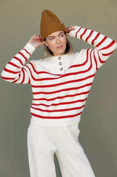 Good Things Henley Sweater – ROOLEE Henley Sweater, Holiday Vibes, Red S, Tapered Pants, Red Sweaters, Stripe Sweater, Bright Red, The Holiday