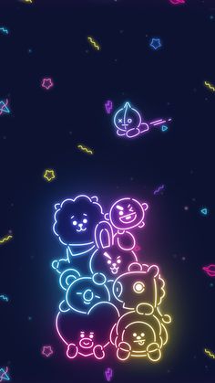 an image of some neon lights in the dark with animals on it and stars around them