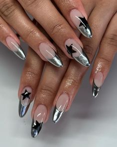 Y2k Summer Nails, Y2k Almond Nails, Star Nail Designs, Silver Nail Designs, Lilac Nails, Metallic Nails