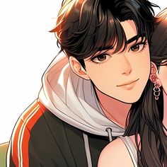 an anime character with long black hair wearing a hoodie and earring, looking at the camera