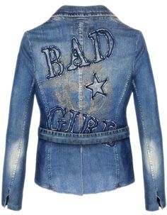 Women's blue denim jacket with "BAD GIRL" inscription on the back and MARILYN MONROE embroidery inside. Back Women, Bad Girl