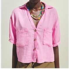 This An Adorable, Pink, Semi Cropped Zara Linen Top. It’s Super Feminine Size M And Nwt Zara Summer Tops With Pockets, Chic Pink Tops With Pockets, Linen Shirt Outfit, Outfit Zara, Semi Cropped, Zara Shorts, Pink Crop Top, Pink Linen, Pink Top