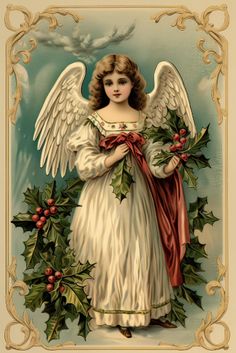 an old fashioned christmas card with an angel holding holly