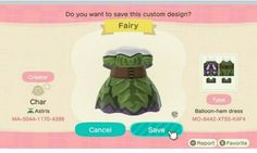 an animal crossing character is wearing a green dress and brown belt, with the caption do you want to save this custom design?