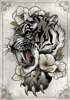 a drawing of a tiger with flowers on it's chest and its mouth open