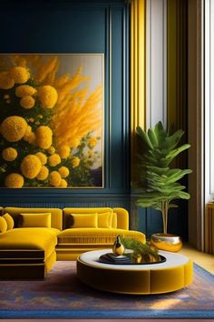 a living room filled with yellow furniture and a painting on the wall