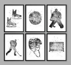 four black and white prints with hockey players in the middle, including an ice skater