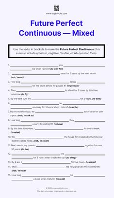 a printable worksheet with the words,'future perfect continuous - mixed '