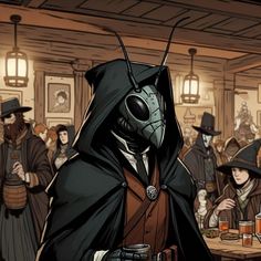 a group of people standing around a bar with an alien in the middle of it