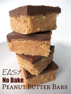 easy no bake peanut butter bars stacked on top of each other