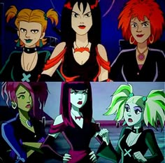 three cartoon characters with different hair colors and makeup looks like they are from the 80s's