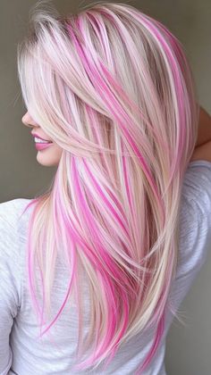 Add pink pearl highlights to your hair for a sophisticated look that flatters tan skin. Visit our page for tips on achieving this beautiful color. Save this pin for highlight inspiration! Tags: #PinkPearlHighlights #HairColor #TanSkin Blond Hair Pink Streaks, Pink Hair Ideas For Blondes, Blonde With Pink Hair, Bright Color Highlights, Pink Highlights In Blonde Hair, Pink And Blonde Hair, Pearl Highlights, Highlight Inspiration, Exotic Hair Color