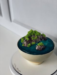 there is a bowl with some green plants in it on top of a plate that is sitting on the counter