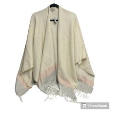 Gorgeous Cream/Pink/Gray Tassel Fringe Poncho Length 30” 100% Acrylic Casual Shawl Poncho For Spring, Casual Beige Spring Poncho, Oversized Pink Poncho For Spring, Casual Pink Poncho For Fall, Casual Pink One-size Poncho, Casual Pink Poncho, Open Poncho, Open Front Poncho, Cozy Shawl