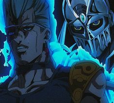 two anime characters standing next to each other in front of a blue and black background