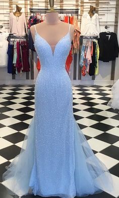 Spaghetti Straps Beads Sky Blue Mermaid Prom Dress,V-Neck Floor Length Evening Dress on Storenvy Light Blue Dress Formal, Light Blue Prom Dress, Blue Dress Formal, Blue Evening Dresses, Sequin Prom Dresses, Cute Prom Dresses, Backless Prom Dresses