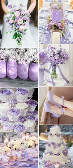 purple and white wedding theme with flowers, candles, cake and napkins on the table