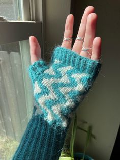 a hand wearing a blue and white knitted mitt next to a potted plant