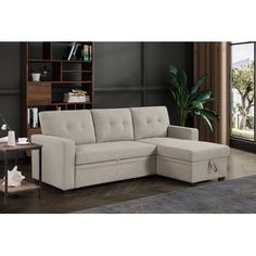 a living room scene with focus on the sectional sofa and storage unit in the background