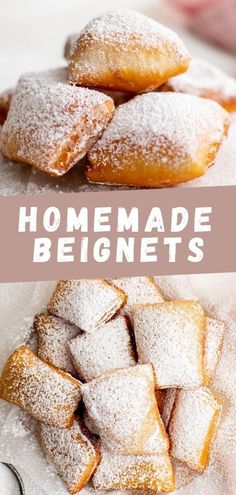 homemade doughnuts piled on top of each other with powdered sugar over them