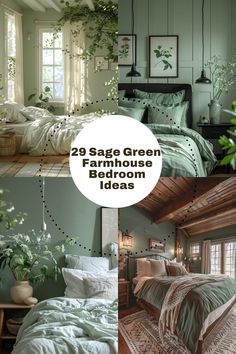 green bedroom with white bedding and plants on the wall, in front of window