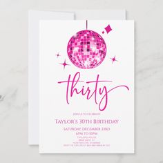 a pink disco ball birthday party card with the word thirty written on it and stars