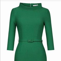 Size: L Color: Green Fabric Content: 65% Rayon/30% Cotton/ 5% Spandex Origen : Imported Neck Style: Height Neck Sleeves Type: 3/4 Sleeves Back Hidden Zipper Missing Belt Stretch The Stand Collar Makes You More Elegant Approximate Flat Laying Measure Armpit To Armpit: 18" Waist: 14.5" Hip: 19" Waist To Hem: 27.5" (27) Fitted Half Sleeve Office Dress, Vintage Fitted Dresses For Office, Fitted Vintage Dress For Office, Vintage Fitted Office Dress, Green Fitted Dress With 3/4 Sleeves, Classic Green Office Dress, Classic Fitted Half Sleeve Dresses, Classic Fitted Half-sleeve Dresses, Green Fabric