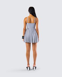 Command the attention of any room you walk into in this grey mini dress 🙌 Effortlessly chic and endlessly versatile, this piece is made from poly suiting fabric and complete with a fit & flare style and a pleated skirt 🖤 Gray A-line Mini Dress For Spring, Pleated Fit And Flare Mini Dress, Spring Gray A-line Mini Dress, Chic Gray Summer Mini Dress, Gray Mini Length Dresses For Evening, Gray Mini Length Evening Dresses, Chic Gray Mini Dress For Spring, Gray Fitted Mini Dress For Night Out, Gray Mini Dress For Spring Date Night