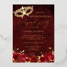 a red and gold masquerade birthday party card with roses on the front,