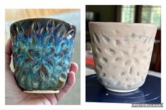 two pictures one has a vase and the other has a cup with designs on it