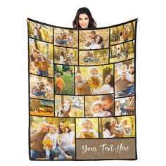 a woman holding up a blanket that has photos on it and the words, your text at