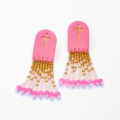 Add some spooky sparkle to your Halloween with our Tombstones in Pink & Gold! Featuring beaded fringe, this lightweight accessory is hypoallergenic for a safe and stylish choice. Perfect for any graveyard gathering! 👻💖 Details Size: 2.25" in length Post Material: Grade 1 Titanium Please note that the golden cross has a clear protective coating, please do not use anything other than a damp cloth to clean this area. Handmade Pink Jewelry For Halloween, Beaded Jewelry For Halloween Festival, Pink Beaded Fringe Jewelry For Festival, Adjustable Beaded Fringe Jewelry For Festivals, Adjustable Dangle Jewelry With Beaded Fringe, Adjustable Beaded Fringe Jewelry Gift, Adjustable Beaded Fringe Jewelry As Gift, Golden Cross, Everyday Earrings Studs