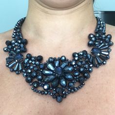 Statement Necklace Brand New Tag On Never Worn Thick Navy Blue Crystals Detailed Beading Adjustable Blue Beaded Jewelry For Evening, Blue Beaded Evening Jewelry, Elegant Blue Beaded Necklaces With Black Beads, Blue Beaded Bib Necklace For Party, Blue Beaded Necklaces For Evening, Blue Crystal Beaded Necklaces For Party, Blue Rhinestone Necklaces For Evening, Blue Crystal Beaded Necklace For Party, Blue Rhinestone Necklace For Evening