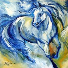 a painting of a white horse running in the wind