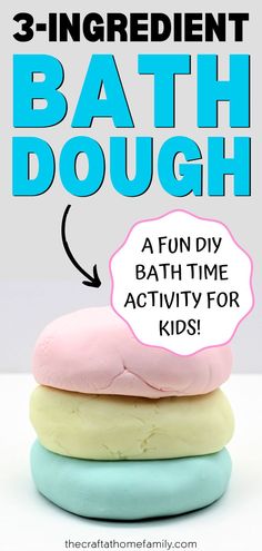 Stack of 3 balls of light-coloured play dough with the words "3-Ingredient Bath Dough - A Fun DIY Bath Time Activity for Kids!" Potions For Kids, Bath Tub Fun, Diy Bubble Bath, Bubble Diy, Bath Soak Recipe, Toddler Bath Time, Play Dough Recipe, Homemade Bubbles, Toddler Bath