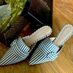 Fabric Wrapped, Heeled Mules. Never Been Worn. Casual White Pointed Toe Sandals, Casual Pointed Toe Heels For Day Out, Chic Striped Summer Heels, Charles David, Mule Clogs, Mules Shoes, Heeled Mules, Clogs, Blue White