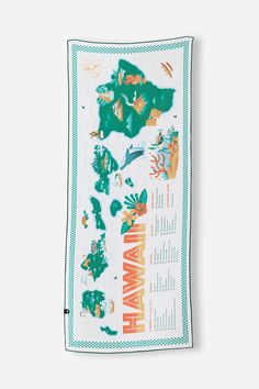 a towel with the words hawaii on it and images of animals in green, orange and white