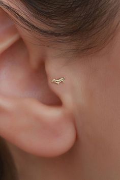 a woman's ear is shown with a small gold nose ring in the shape of a wave