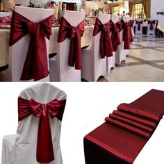 red and white chair sashes with bows on them are sitting next to each other