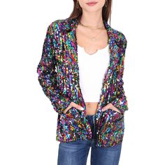 Elevate your wardrobe with the Anna-Kaci Women's Glitter Long Sleeve Open Front Sparkle Party Blazer Jacket, perfect for adding glamour to formal events or a touch of professionalism to everyday outfits. Versatile and stylish, these sparkly sequin blazers can be dressed up or down to suit any occasion effortlessly. Trendy Outerwear With Contrast Sequin For Party, Glitter Outerwear For Party Season, Glamorous Evening Blazer For Spring, Glamorous Blazer For Party Season And Night Out, Glamorous Blazer For Night Out And Party Season, Long Sleeve Blazer For Parties, Chic Holiday Sequin Outerwear, Glamorous Sequined Blazer For Party Season, Chic Holiday Outerwear With Sequins