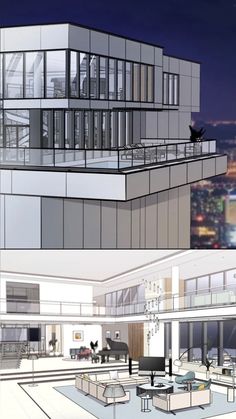 two views of the inside and outside of a building at night, with city lights in the background