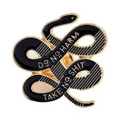 This enamel lapel pin is a statement piece that shows your attitude and personality. It features a black snake that coils across itself, with glossy metal accents. Across the snake's body are the words "Do No Harm Take No Shit", conveying a message of self-respect and empowerment. This pin is made of hard enamel, which gives it a smooth and glossy finish. The pin has accent metal plating in your choice of silver or gold plate. This pin is approximately 1.5" tall, making it the perfect size to we Snake Brooch, Snake Lovers, Lapel Brooch, Punk Design, Bag Pins, Backpack Lunch Bag, Enamel Lapel Pin, Jewelry Pins, Enamel Brooch